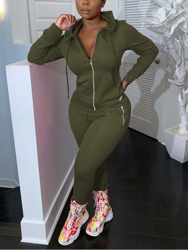 Two Piece Solid Color Hoodie Zip-Up Tracksuit