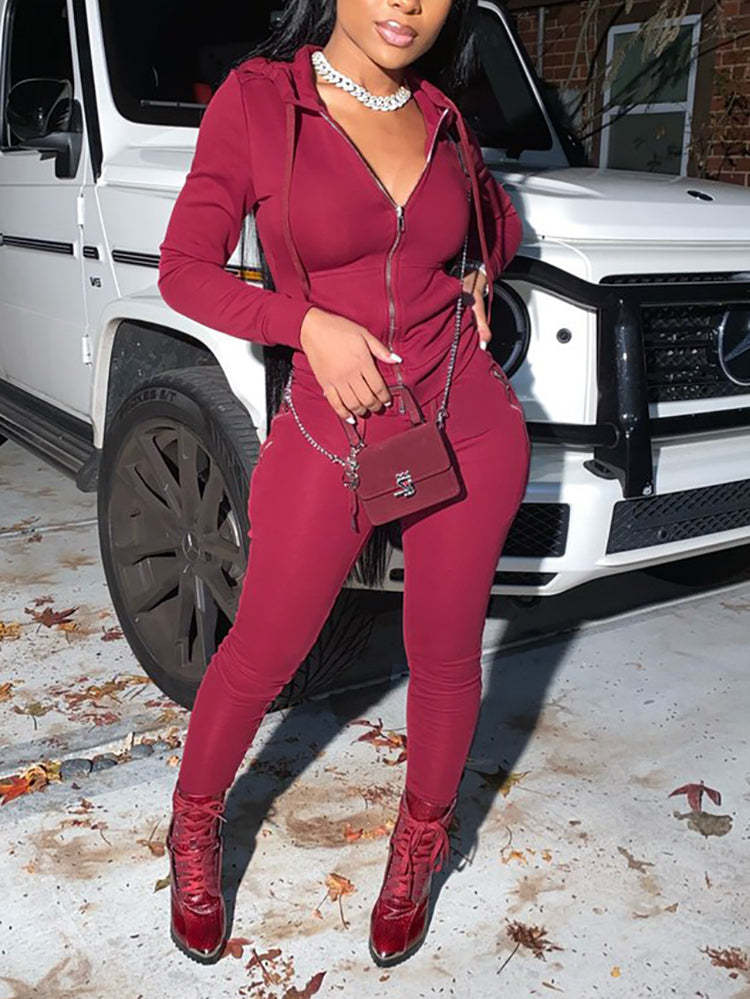 Two Piece Solid Color Hoodie Zip-Up Tracksuit