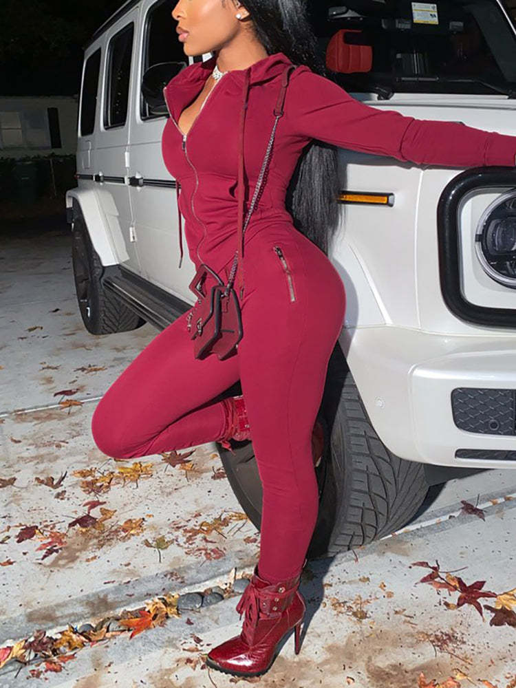 Two Piece Solid Color Hoodie Zip-Up Tracksuit