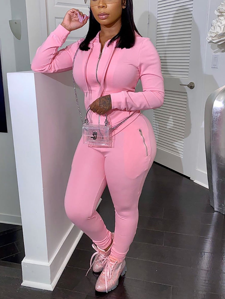 Two Piece Solid Color Hoodie Zip-Up Tracksuit