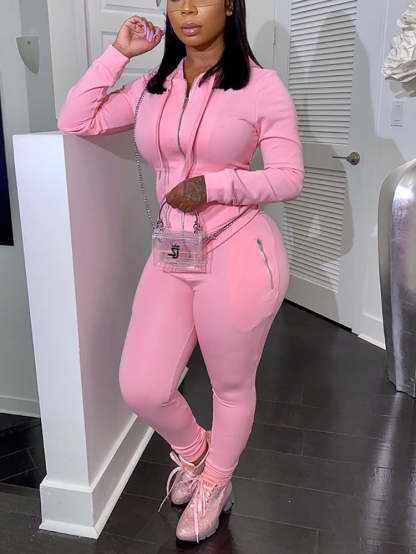 Two Piece Solid Color Hoodie Zip-Up Tracksuit
