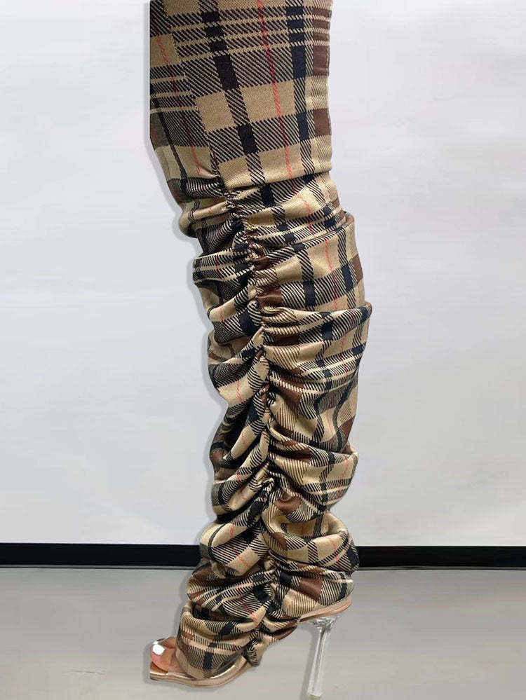 Long Sleeves Plaid Print Zipper Jumpsuit