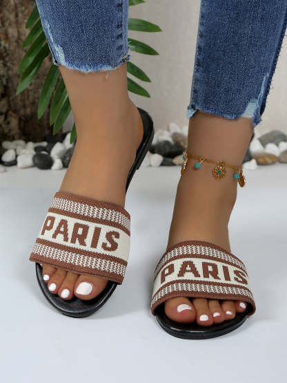 Paris Letter Knit Band Slide Sandals