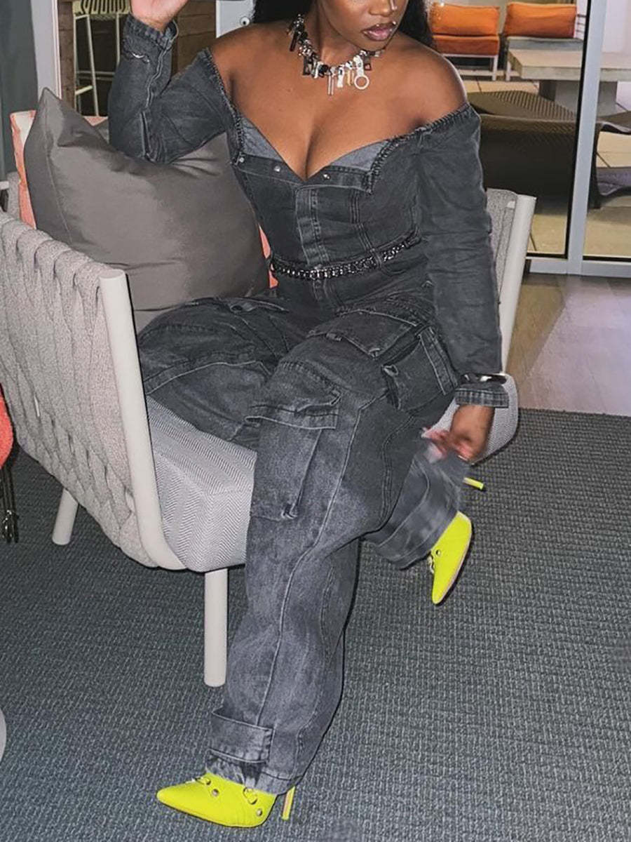 Off-Shoulder Pockets Denim Jumpsuit