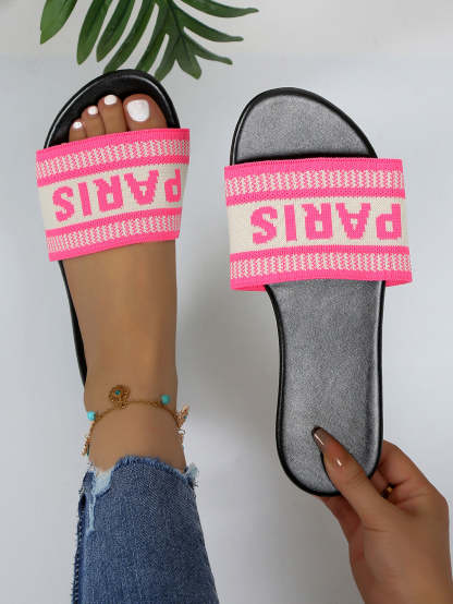 Paris Letter Knit Band Slide Sandals