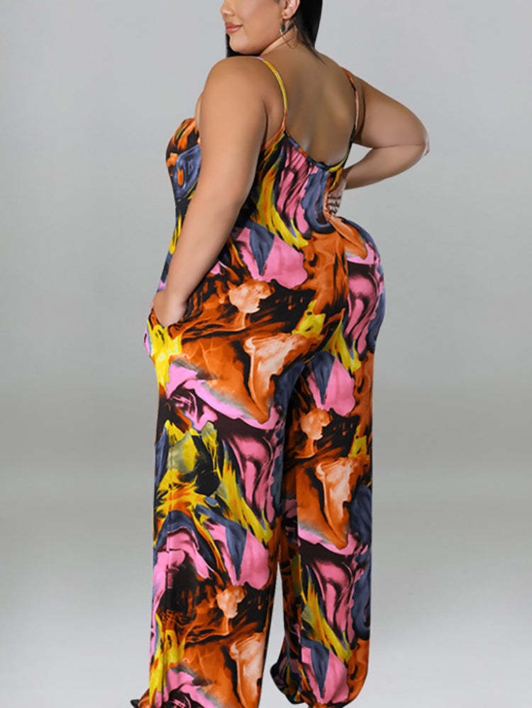Plus Size Floral Print Strap Jumpsuit with Belt