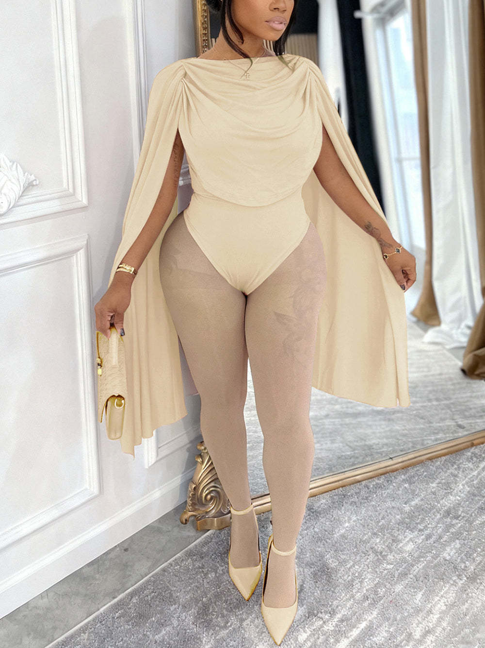 Draped Round Neck Cape Sleeve Bodysuit Romper | Clubwear