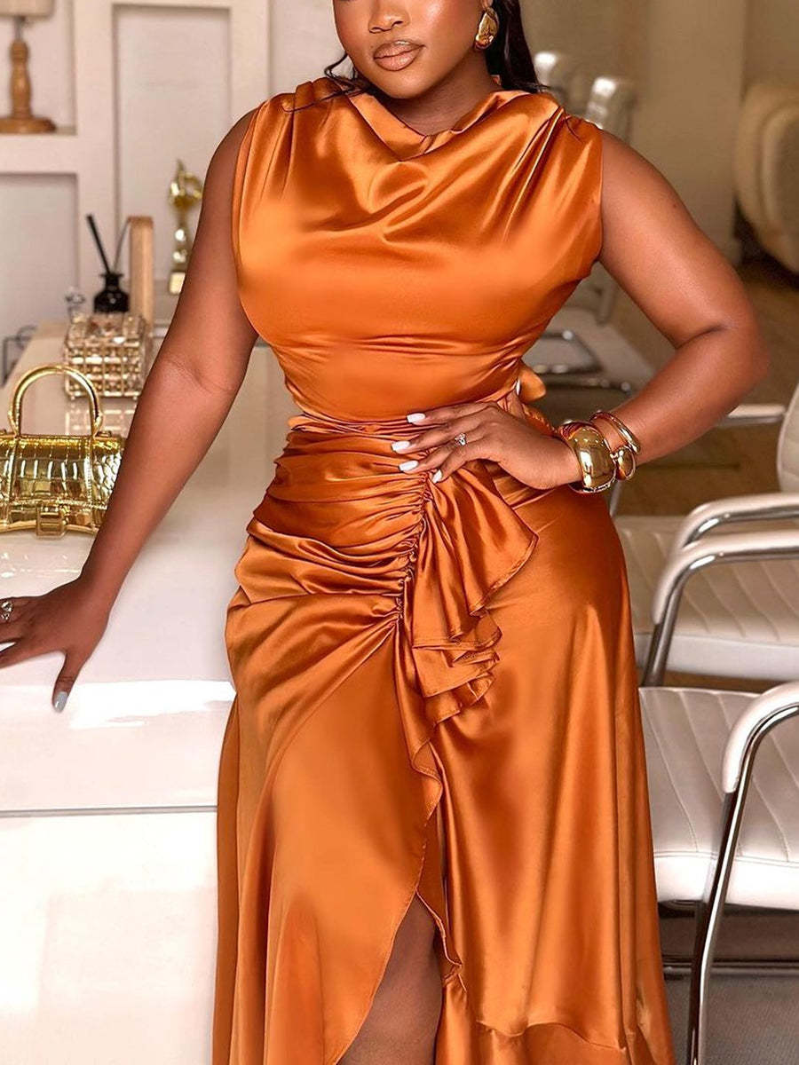 Satin Ruffle Ruched Asymmetrical Dress