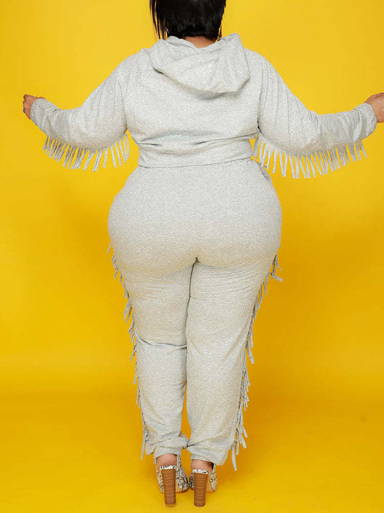 Two Pieces Plus Size Fringe Hooded Tracksuit