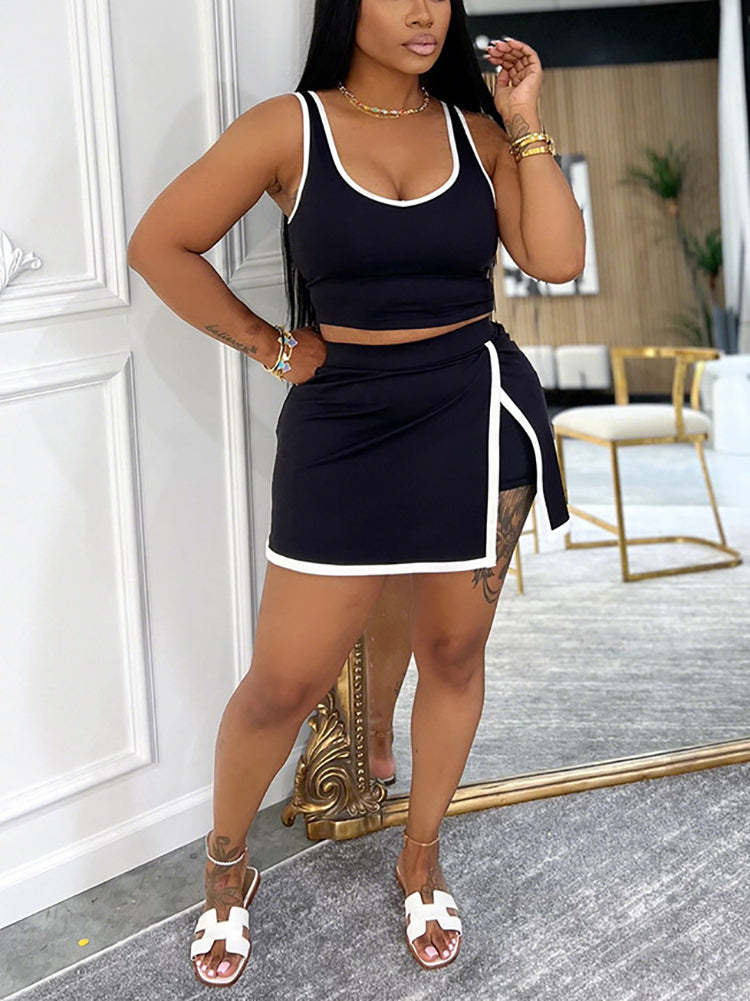 Two-Piece Contrast Trim Crop Top Skirt Shorts Set