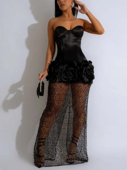 Strapless Glitter Mesh Flowers Mini Dress