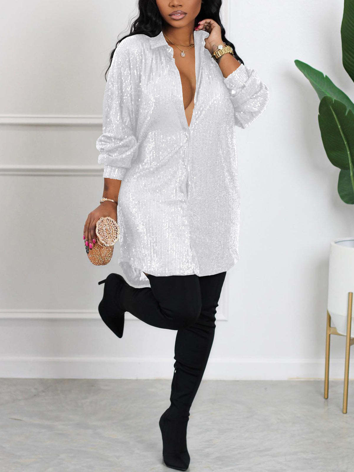 Sequins Long Sleeve Shirts Mini Dress
