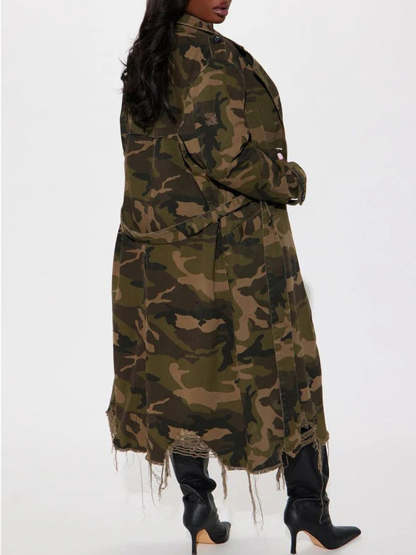 Distressed Camouflage Long Trench Coat