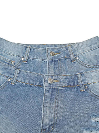 Asymmetrical Distressed Denim Capri Pants