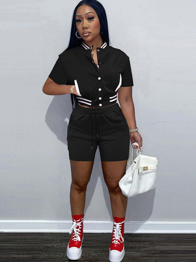 Two Piece Short Sleeve Color Block Baseball Top & Shorts | Tracksuit