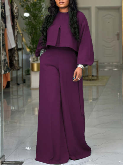 Plus Size Lantern Sleeve Wide Leg Pants Set