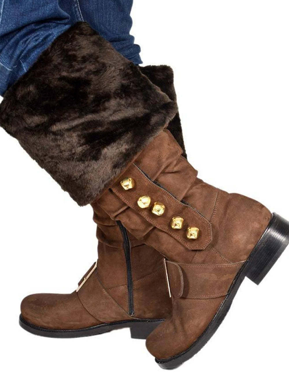 Fur Trim Buckles Bell Decor Santa Boots