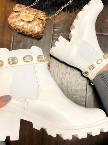 Rhinestone Buckle Platform Chelsea Ankle Boots