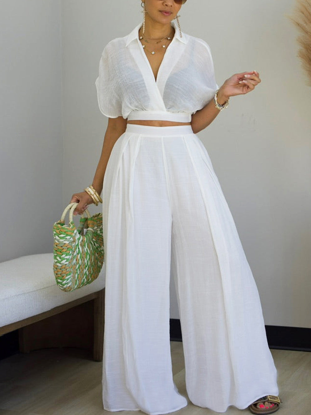 Solid Color Top Wide-Leg Pants Set