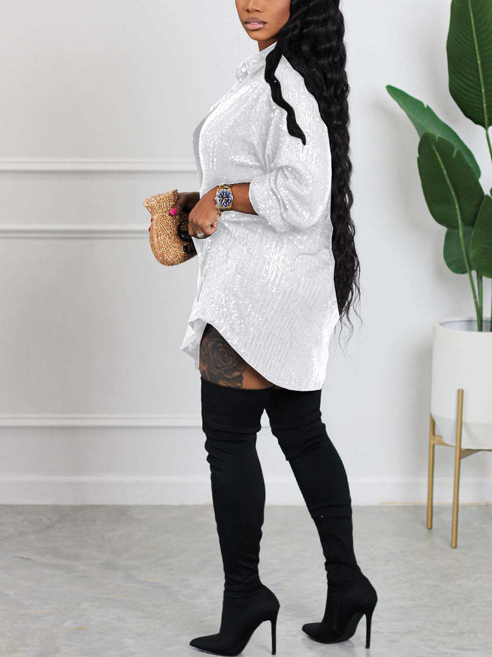 Sequins Long Sleeve Shirts Mini Dress