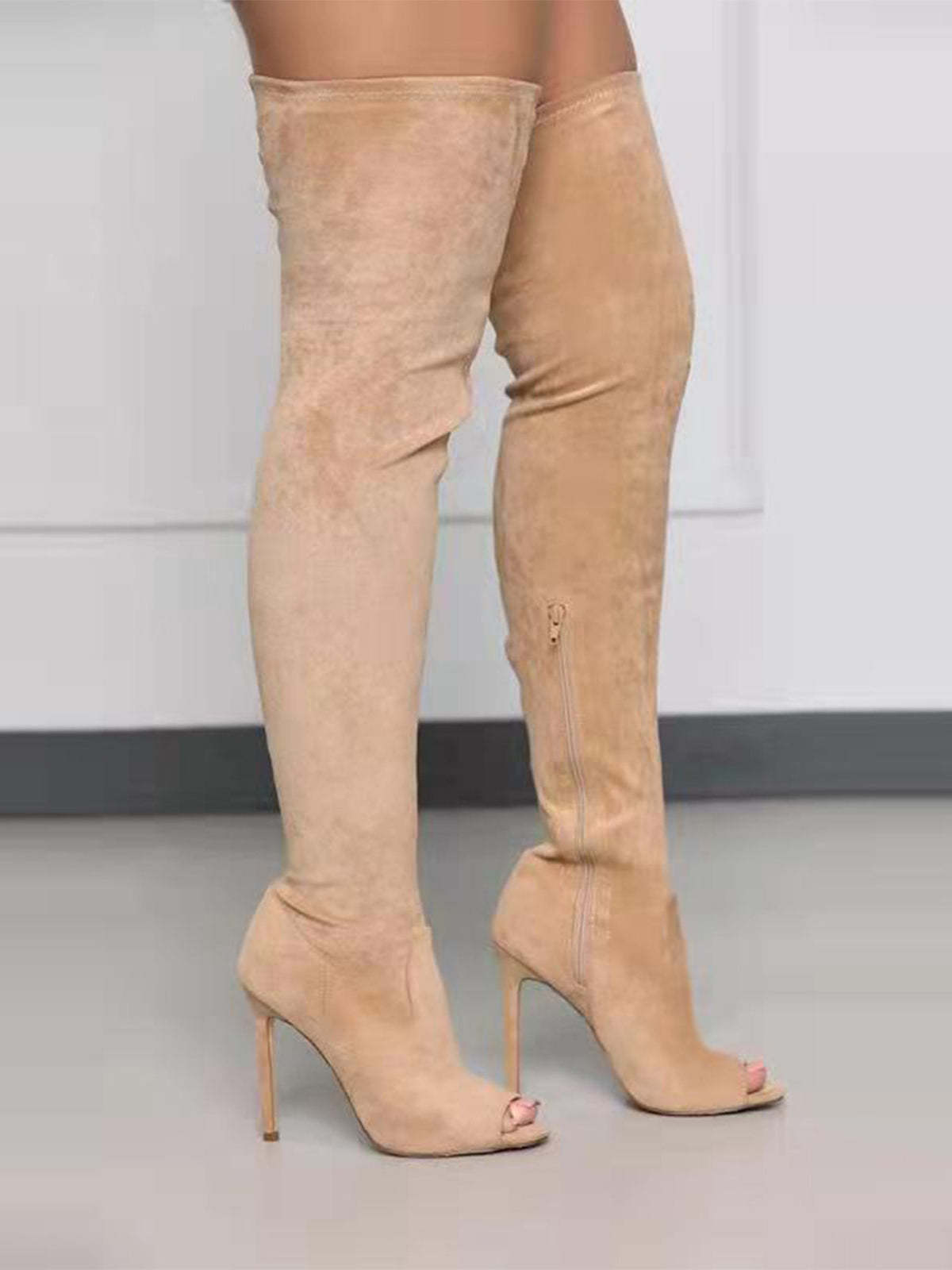 Open-Toe Side Zipper Suede Knee-High Boots