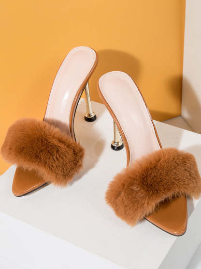 Faux Rabbit Fur Stiletto High Heel Sandals