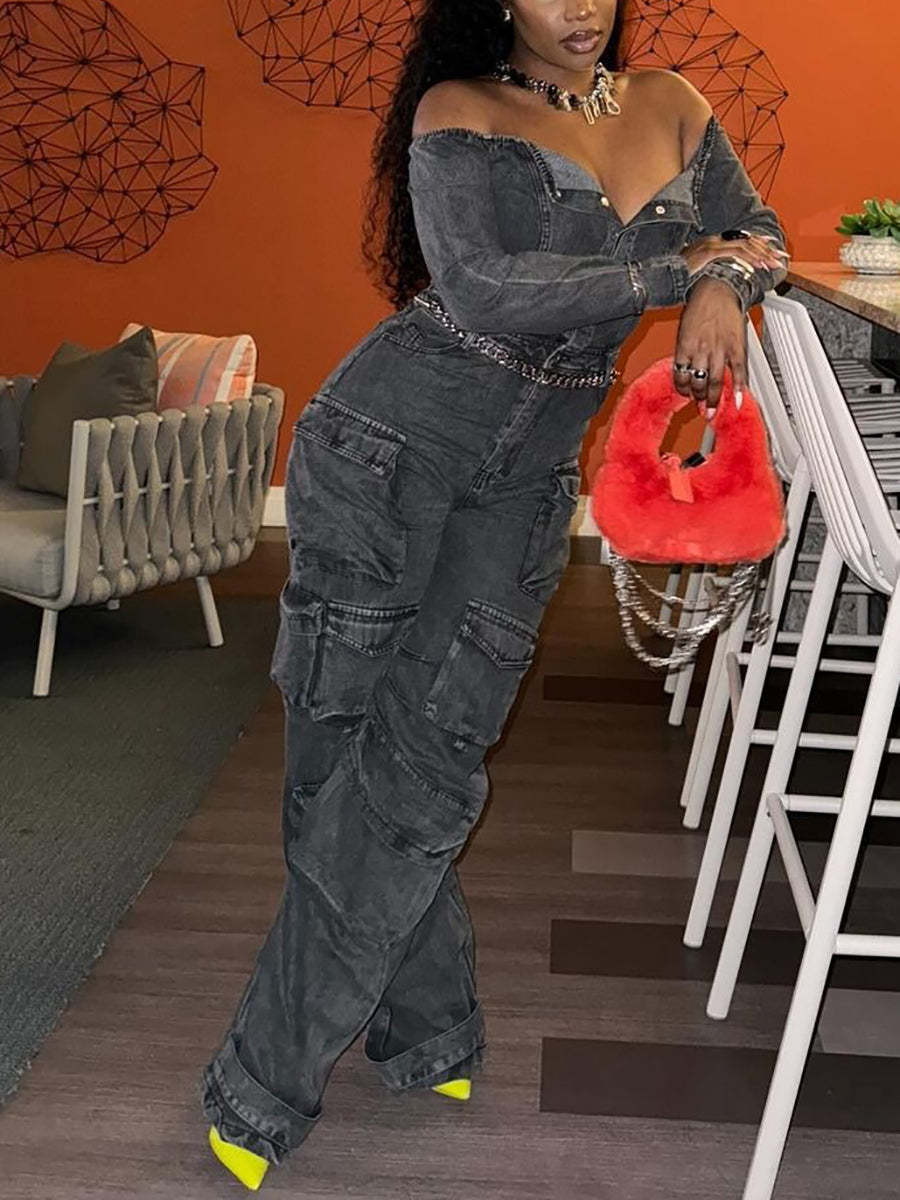Off-Shoulder Pockets Denim Jumpsuit