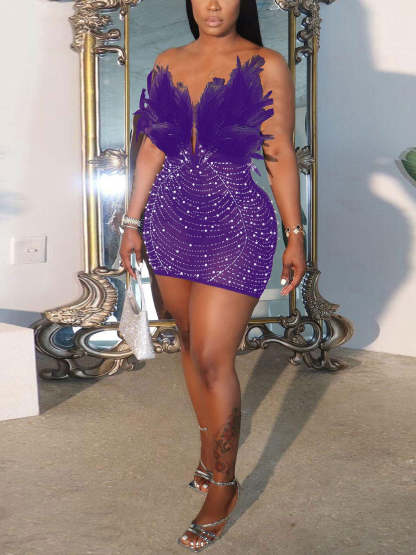 Feather Rhinestone Strapless Mini Dress