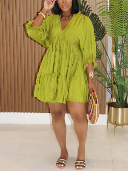 Cropped Sleeves Loose-Fit Pleated Dress