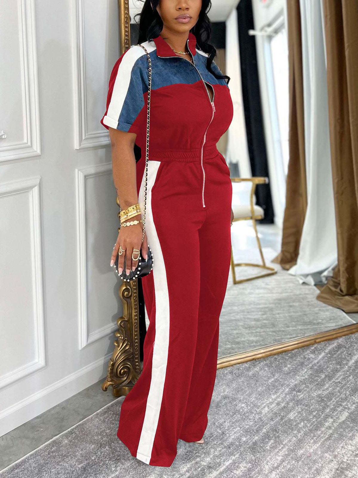 Denim Color Block Zipper Long Jumpsuit