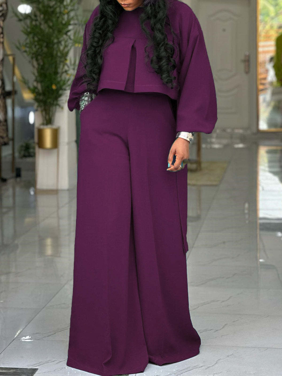 Plus Size Lantern Sleeve Wide Leg Pants Set