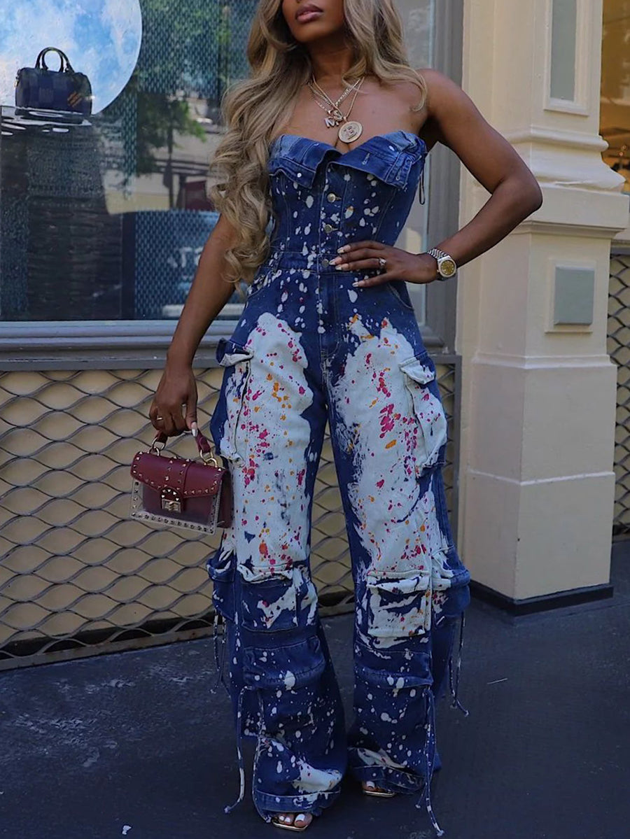 Strapless Color Paint Cargo Denim Jumpsuit