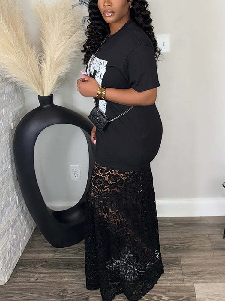 Letter Print Lace Patchwork Maxi Dress