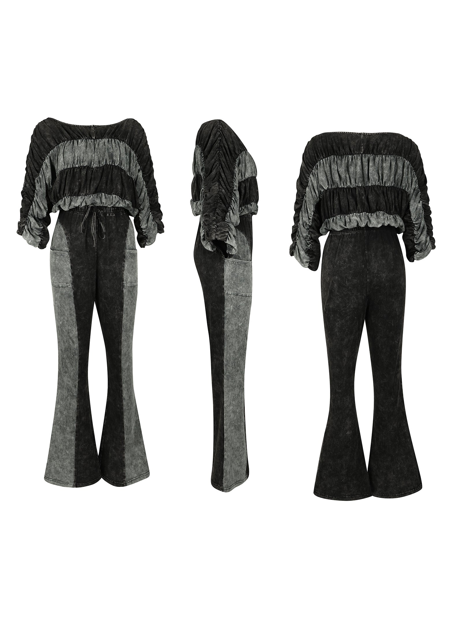 Two Pieces Solid Color Ruched Pants Set