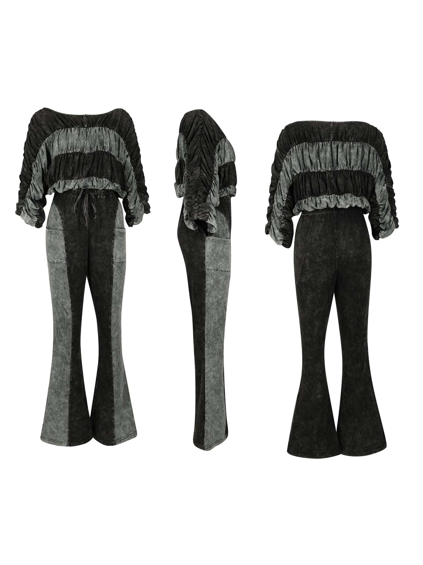 Two Pieces Solid Color Ruched Pants Set