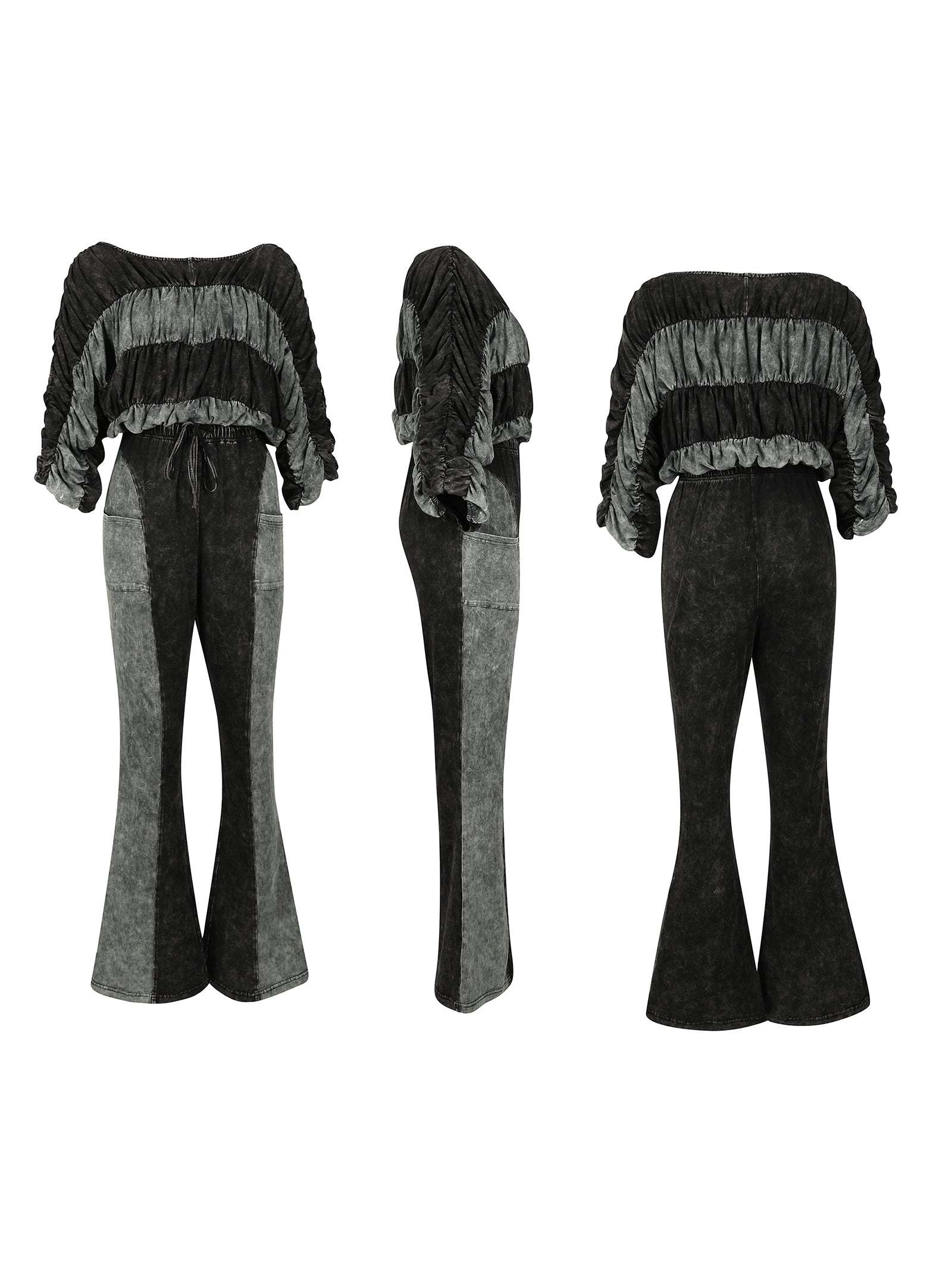 Two Pieces Solid Color Ruched Pants Set