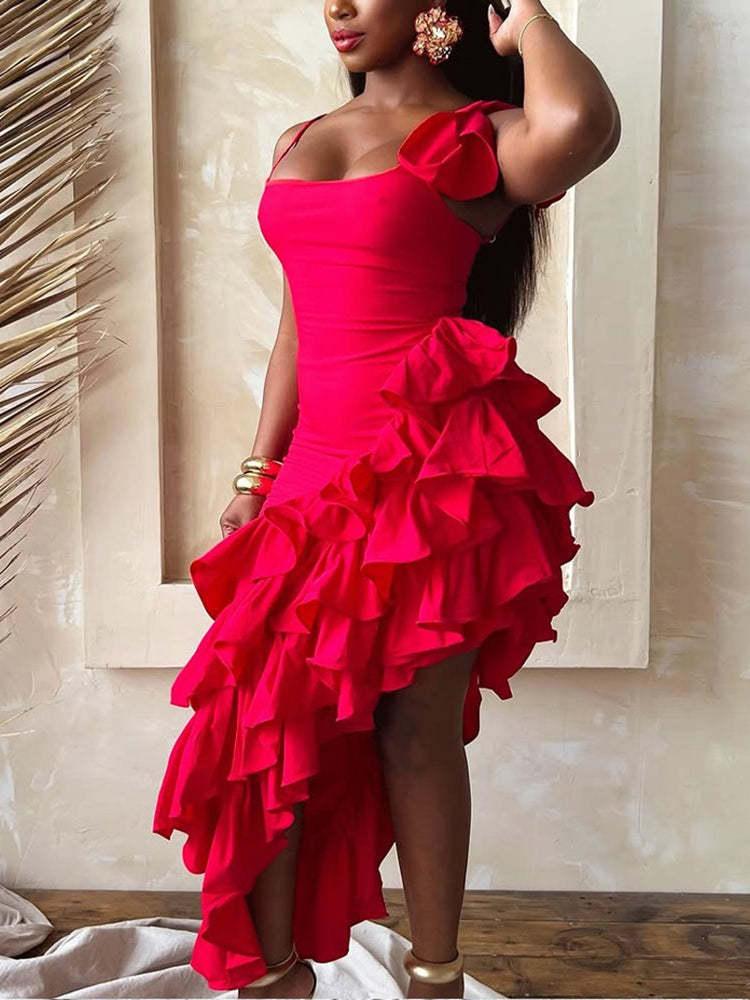 Ruffled Asymmetrical Ruched Cami Dress