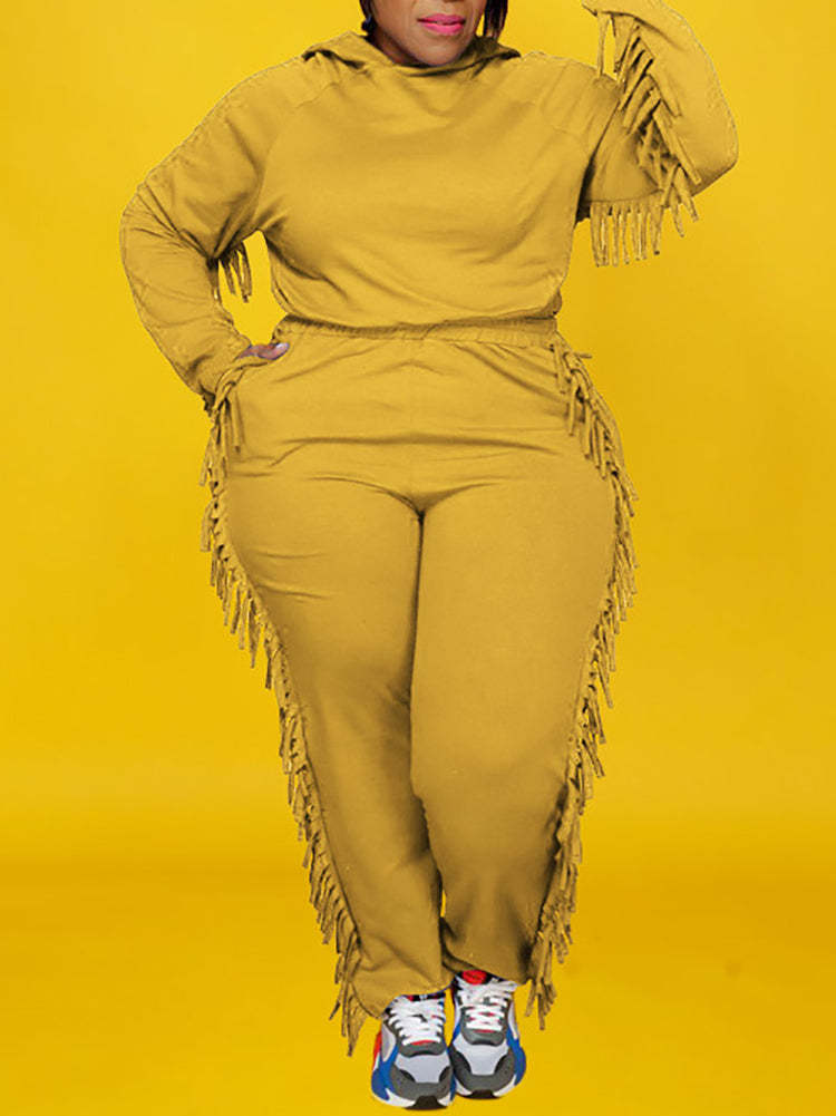 Two Pieces Plus Size Fringe Hooded Tracksuit