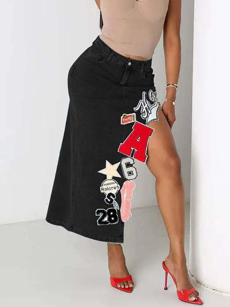 Irregular Graffiti Patchwork High Slit Denim Midi Skirt | Street Style