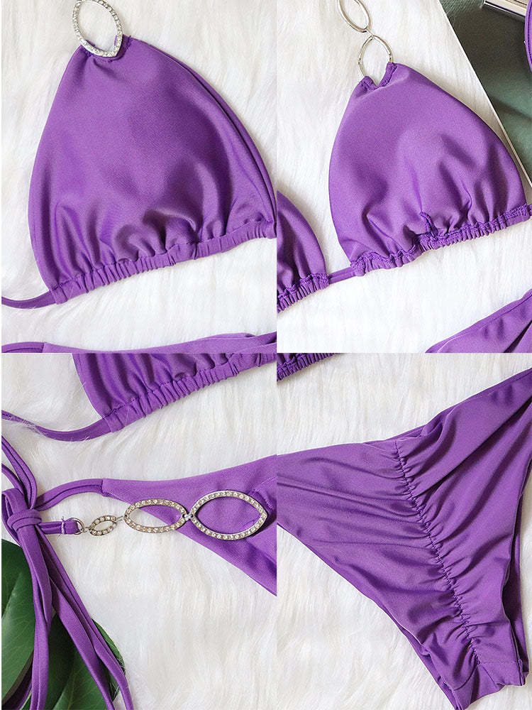 Metal Rhinestone Accented Monochrome Swimsuit Set