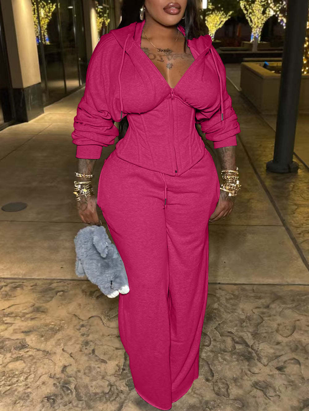 Zip-Up Hoodie Corset Waist Pants Set