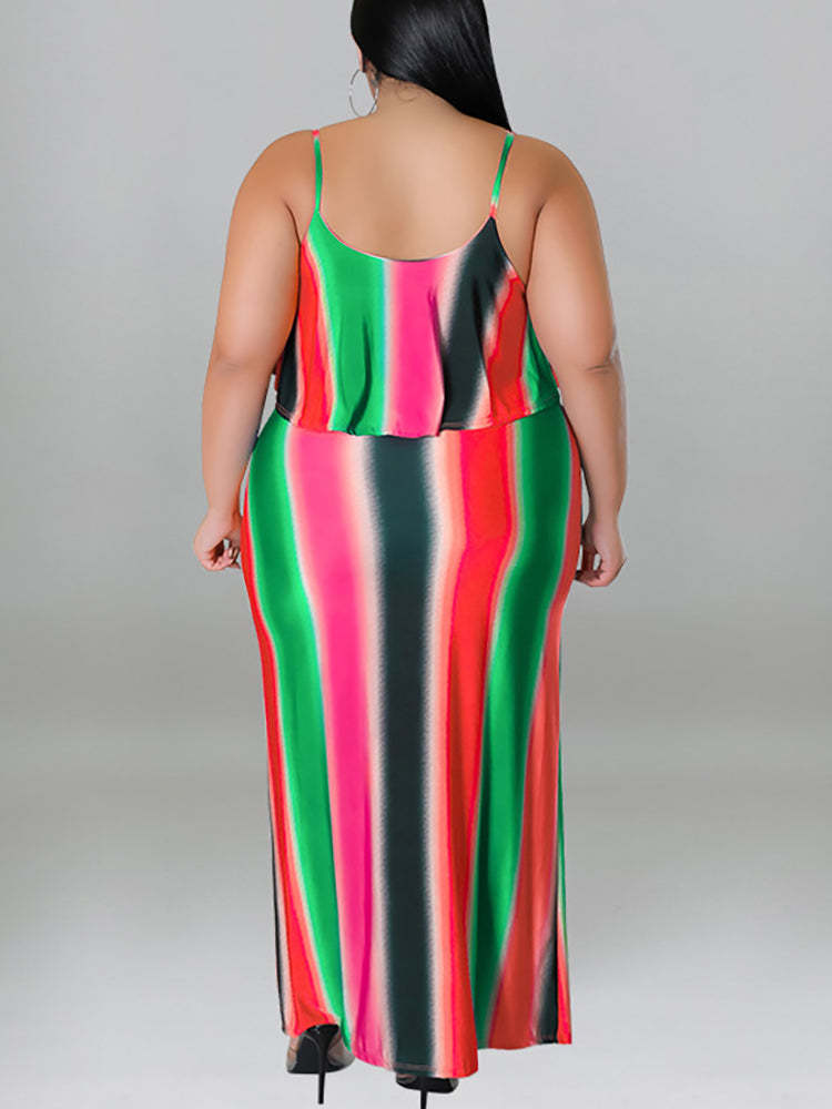 Plus Size Ruffle Strap Rainbow Stripe Print Dress