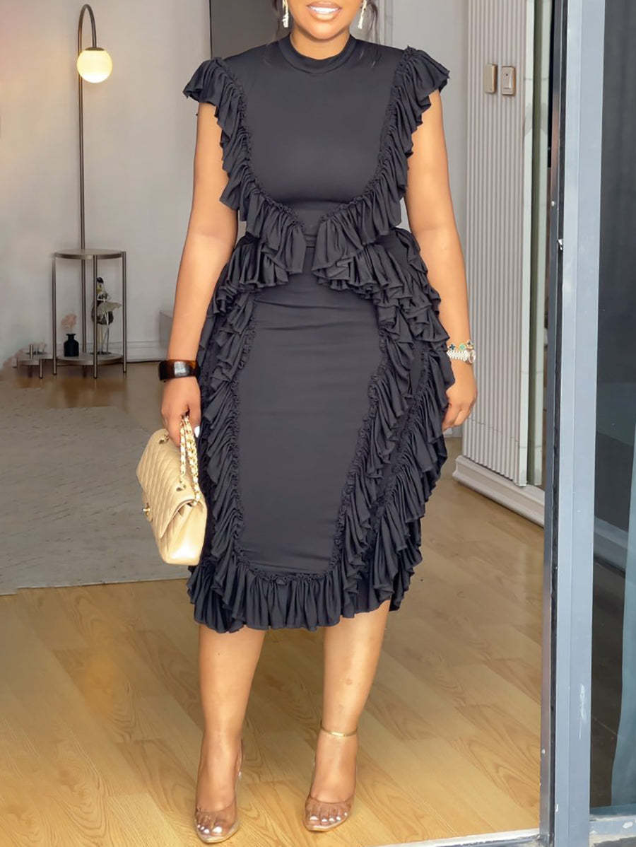 Ruffle Solid Color Back Cut-Out Midi Dress | Elegant Party Look