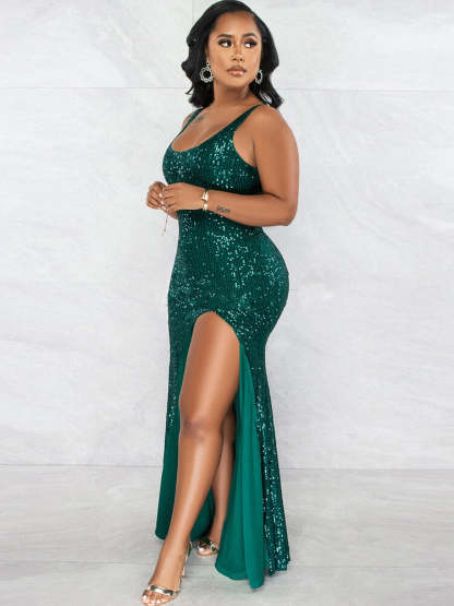 Sequin Sleevelesss Split Bodycon Maxi Dress