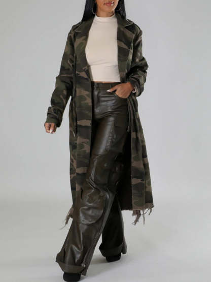 Distressed Camouflage Long Trench Coat