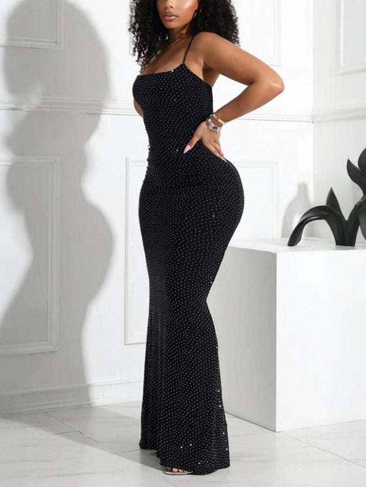 Strap Rhinestone Mesh Maxi Dress
