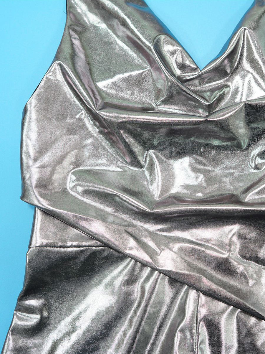 Glitter Halter Cowl Neck Backless Jumpsuit