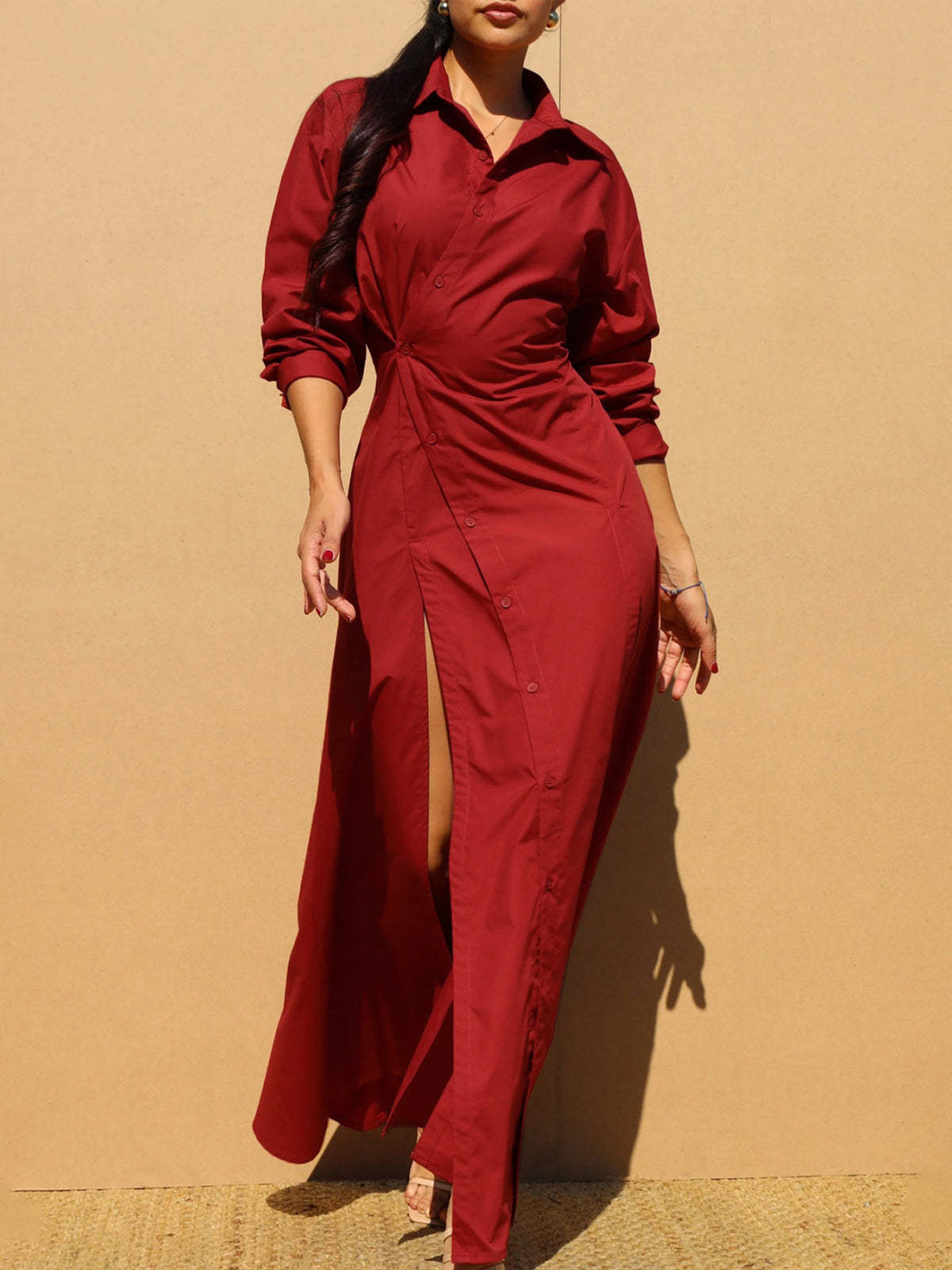 Button-Down Slit Maxi Shirt Dress