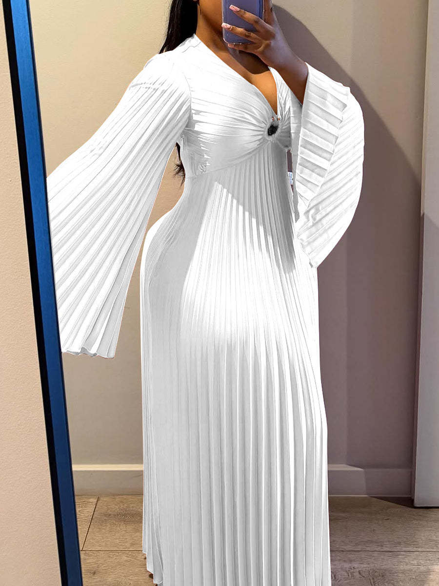 Chic Ruched V-Neck Long-Sleeve Formal Dress | Women Elegant Wear