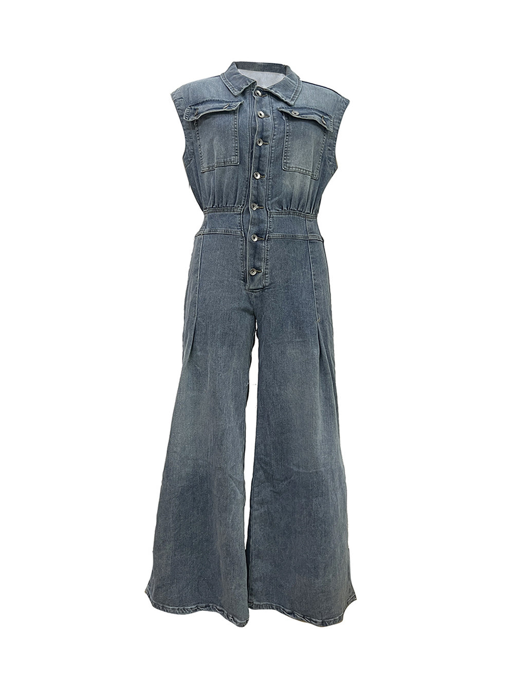 Sleeveless Button Denim Wide Leg Jumpsuit
